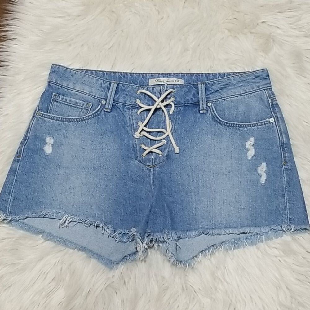 Mavi Lace Up Distressed Jean Shorts Womens Size 27 Blue Denim Raw Hem Sexy